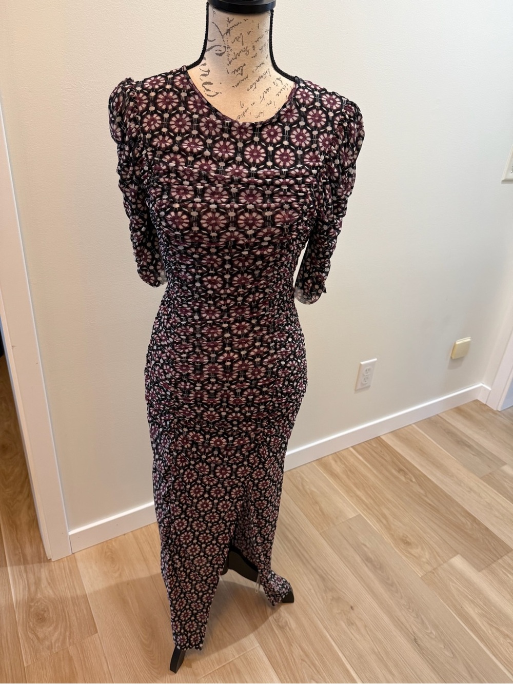 Free People Dress NWT Ruched Mesh Maxi Dark Floral Open Back Size Small